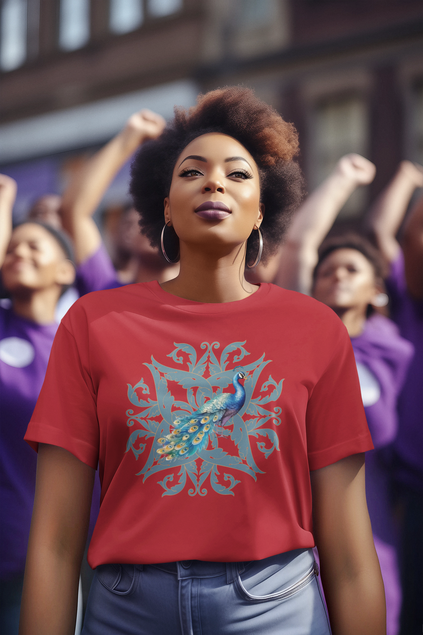 Elegant Peacock Design Crewneck T-Shirt – Cherry Red & Heather Navy