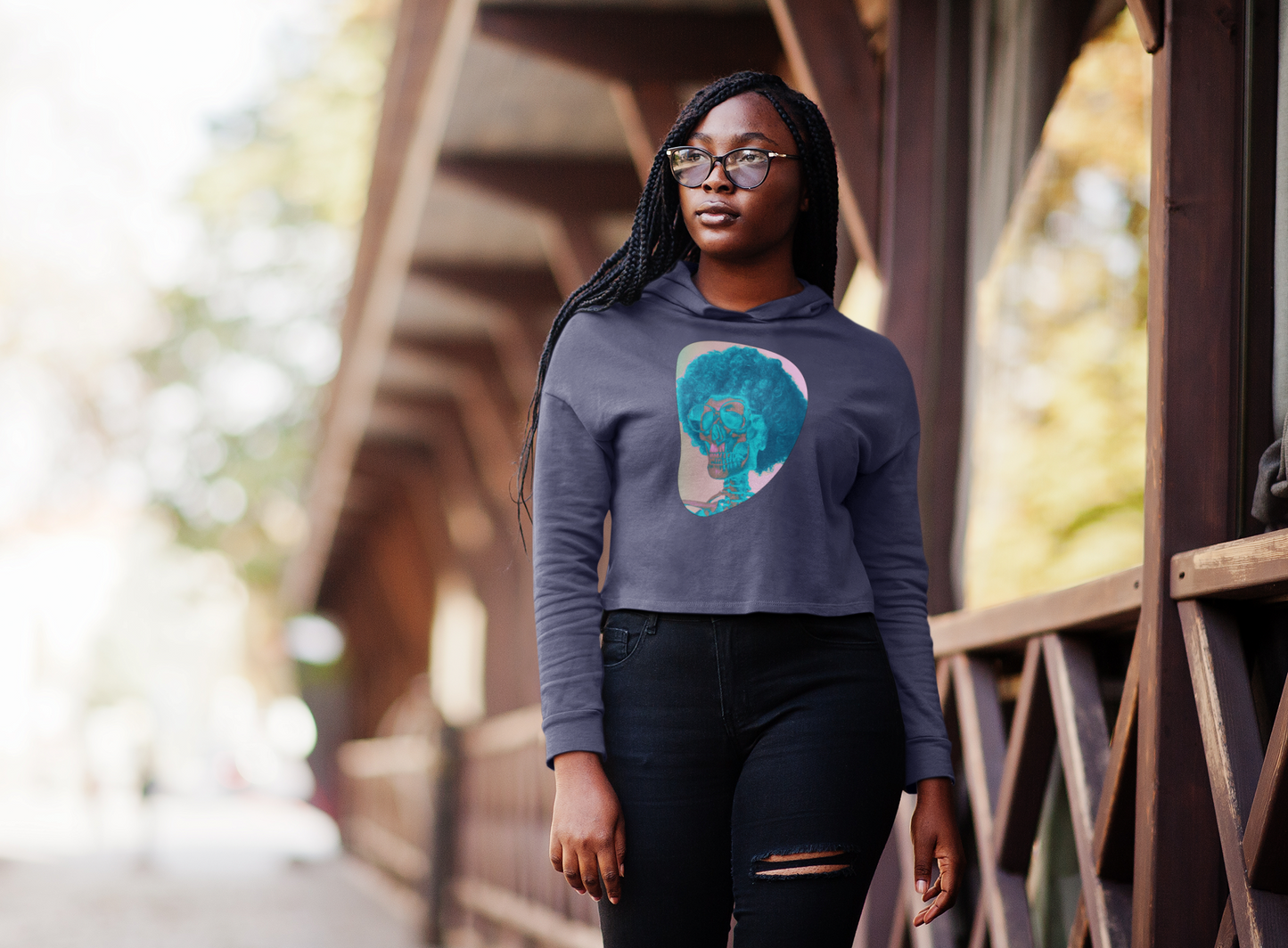 Funky Retro Skeleton Women`s Cropped Hoodie