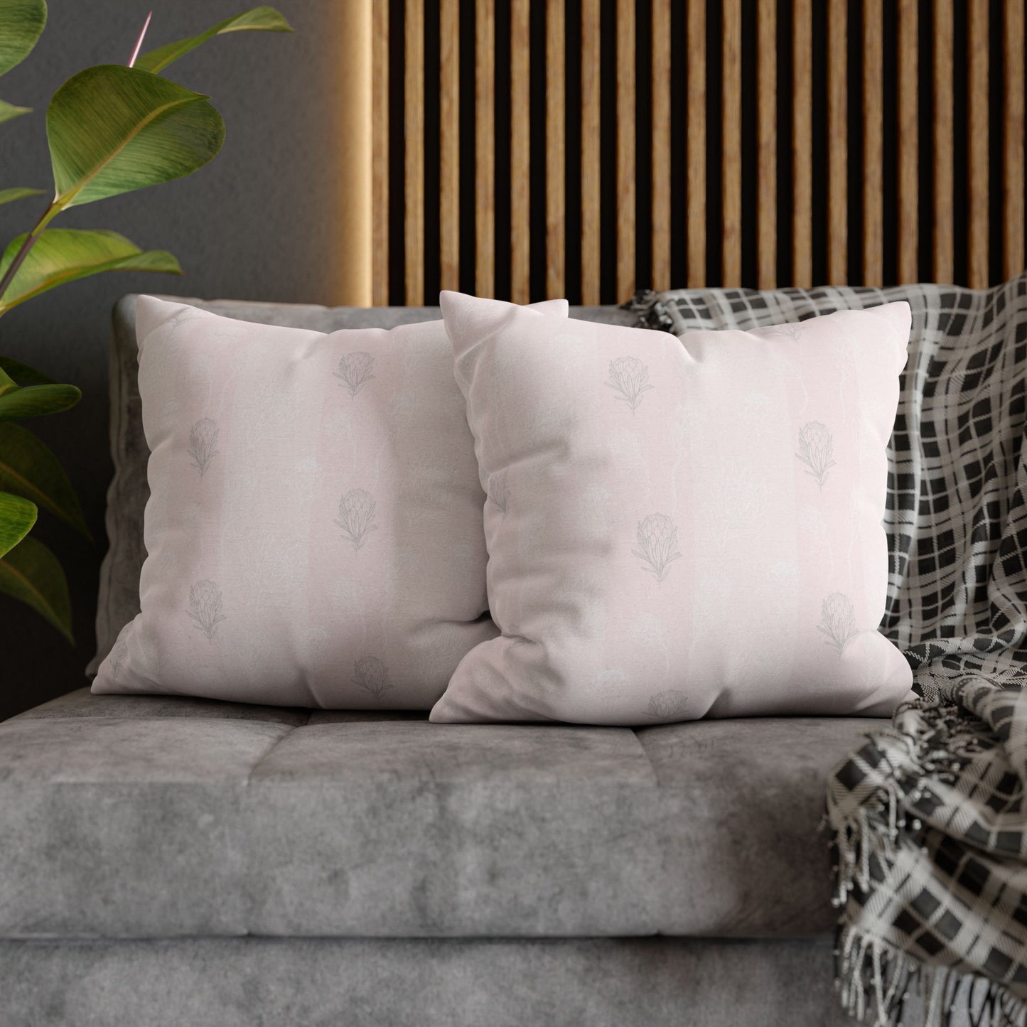 Pastel Pink Protea Stripe Square Pillow Case- Pillow not Included