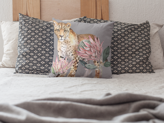 Leopard and Protea Throw Pillow Spun Polyester Square Pillow
