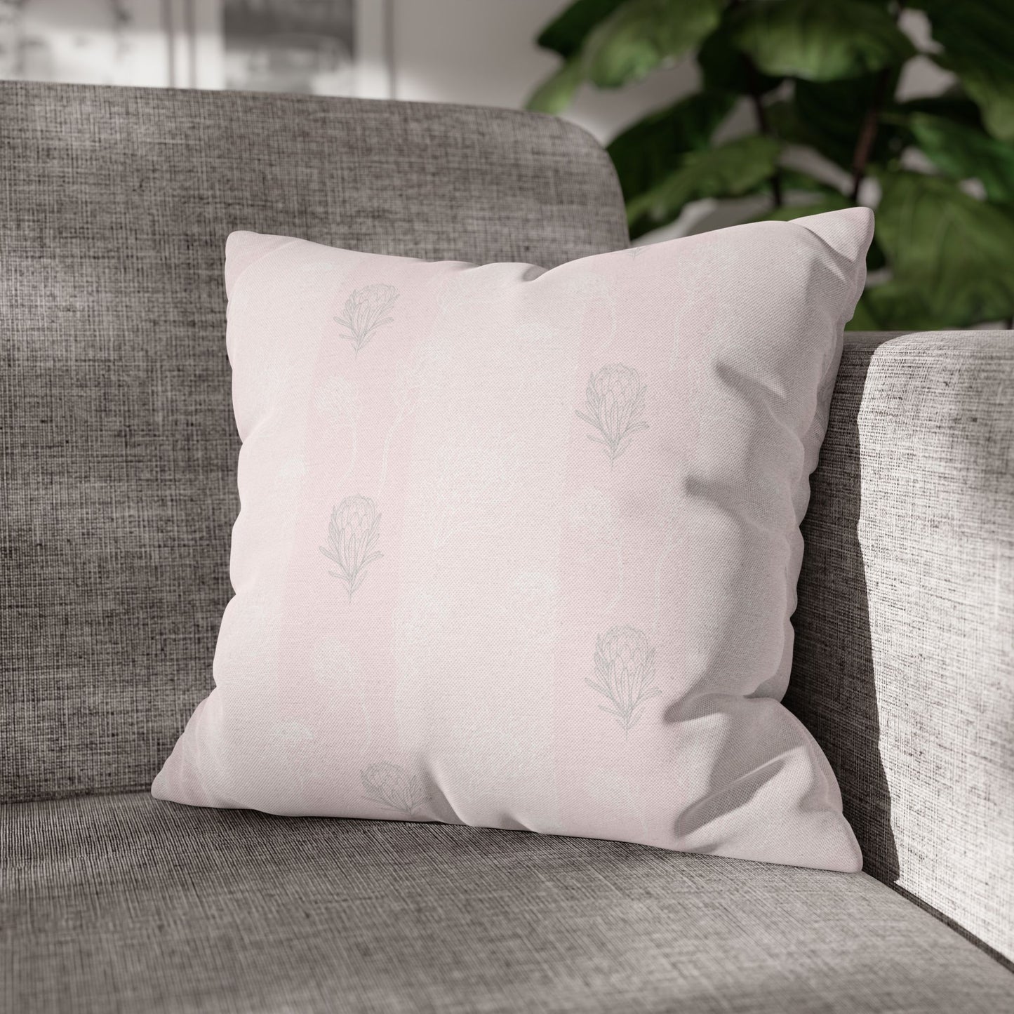 Pastel Pink Protea Stripe Square Pillow Case- Pillow not Included