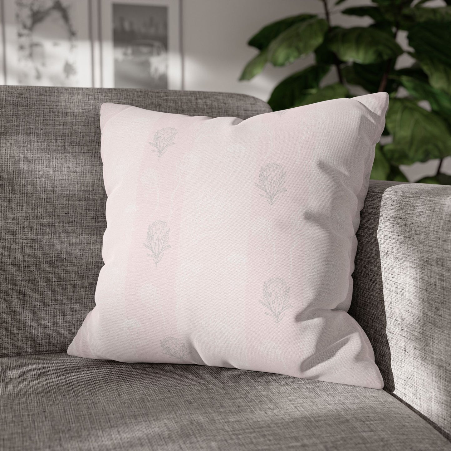 Pastel Pink Protea Stripe Square Pillow Case- Pillow not Included